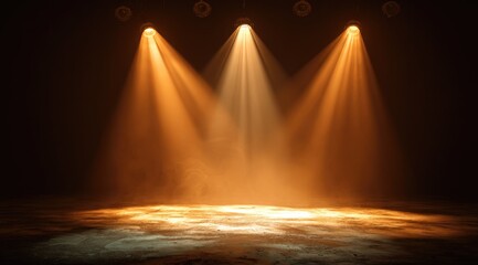 Three spotlights illuminate a dark stage with hazy, warm-toned light creating a dramatic, atmospheric effect on a textured floor