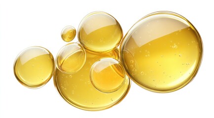 A cluster of translucent, golden oil droplets, varying in size, floats against a stark white background.  The droplets exhibit a glossy sheen and internal reflections