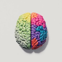 A vibrant, stylized human brain model, bisected to reveal multicolored sections, rests on a neutral backdrop, casting a subtle shadow