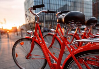 Fototapeta premium Row of vibrant red bicycles parked on a city street bathed in the warm glow of the setting sun, inviting exploration and urban adventure.