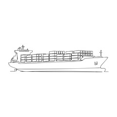 Vector line art of a cargo ship loaded with containers, representing global shipping, logistics, and maritime transport