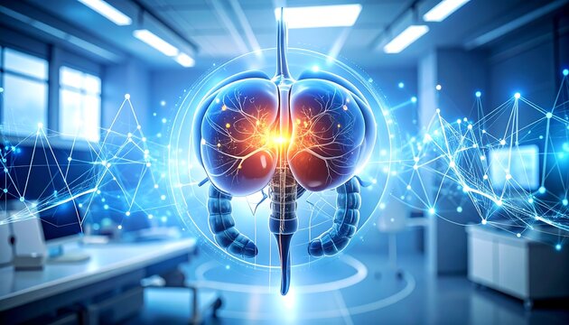 Anatomical Organ Connected to Digital Network in Blue Light
