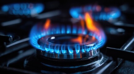 Close-up of a gas stove burner with vibrant blue and orange flames, showcasing the intensity of the heat.  The dark background emphasizes the flames' brilliance