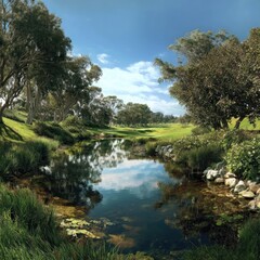 Serene golf course landscape reflecting a vibrant sky.  Tranquil waterway meandering through manicured greens. Lush trees and vegetation surround the scene
