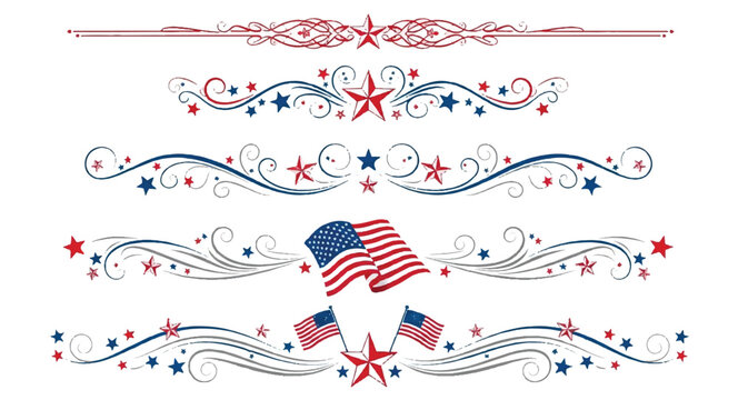 Set of patriotic decorative design elements with stars and American flag on white background