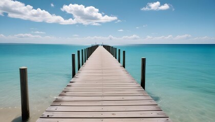 A wooden pier stretches over crystal clear water towards the horizon on a bright sunny day.