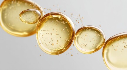 Close-up of translucent, amber spheres suspended in a gray background, showing internal specks and a sense of fluidity