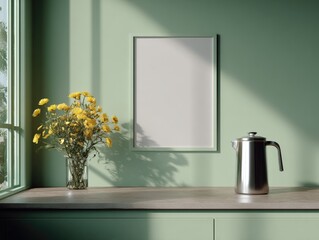 Sunlit kitchen corner with a blank frame, yellow flowers in a glass vase, and a metallic kettle on a light wood surface against a sage green wall