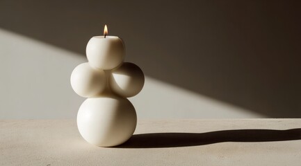 A minimalist photograph depicts a uniquely sculpted, off-white candle, lit and casting a shadow against a light beige surface, bathed in diagonal sunlight