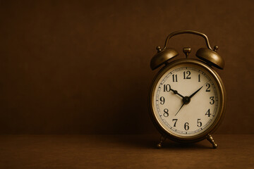 Vintage alarm clock with white face and bronze frame on brown background