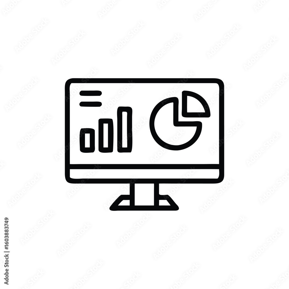 Poster professional line art icon of a web portal dashboard on a monitor. great for web development visuals