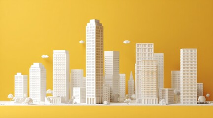 Minimalist cityscape rendering, featuring white buildings against a vibrant yellow backdrop.  Small, simplified trees and clouds add depth