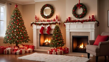 A beautifully decorated living room with multiple christmas trees, and fireplaces