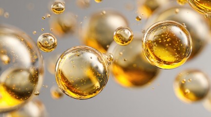 Abstract image of numerous translucent, amber spheres of varying sizes, suspended in a grey-toned background, showcasing light refraction and depth of field