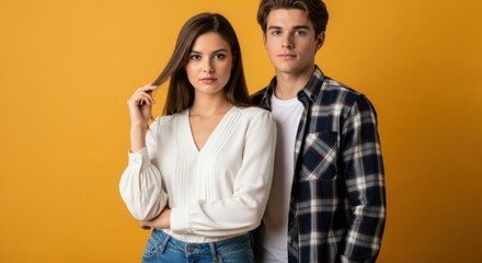 Fototapeta premium A Young Couple Posing Together Against a Bright Yellow Studio Background Showing Their Fashionable Outfits and Confident Expressions