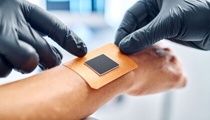 Applying Skin Patch on Arm with Gloved Hands Close-up