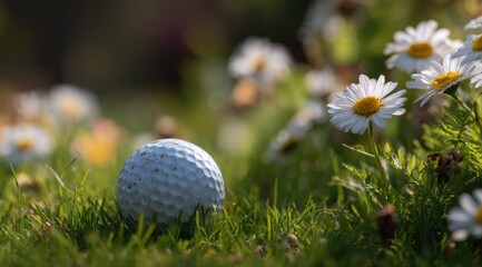 A slightly soiled golf ball rests amidst a vibrant cluster of daisies in a sun-drenched grassy field, creating a picturesque contrast between sport and nature