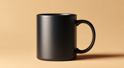 A simple, matte black coffee mug sits on a tan background, subtly lit to highlight its cylindrical shape and curved handle