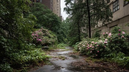 Urban overgrown alleyway. Lush foliage, pink blooms, and wet pavement.?Gray city buildings frame the path