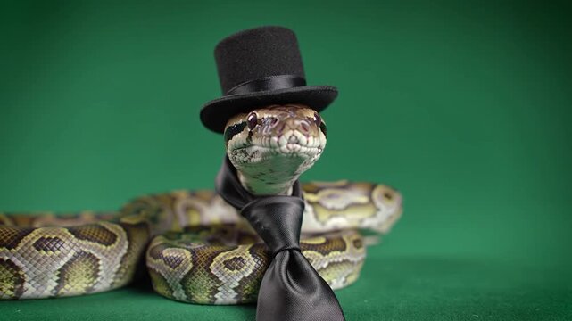 python snake dressed in a black top hat and necktie on green background