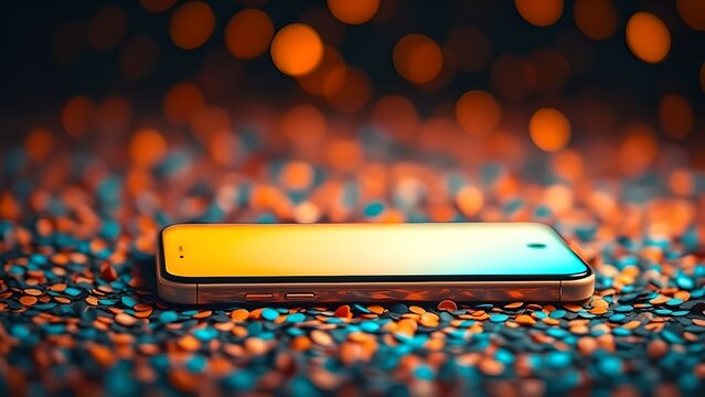 Smartphone on colorful confetti with bokeh lights background