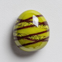 Glossy lime green egg-shaped glass art with brown, gold detailing