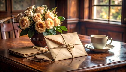Arranged Envelopes with Flower Bouquet and Coffee on Table