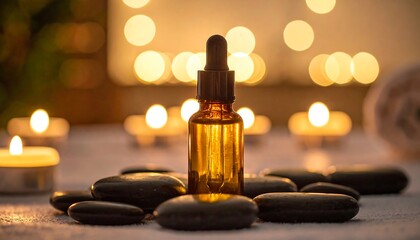Aromatic Oil Dropper Bottle on Stones with Candle Light