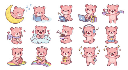 Obraz premium Emoji character sticker of adorable kawaii chibi bear characters in soft pastel colors 