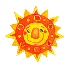 Funny character, sun, bright, cartoon, decorative. Watercolor illustration hand drawn. Drawing for postcards, stickers, print. Children, holiday, Maslenitsa, decoration, party, summer, fairy tale