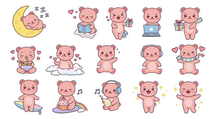 Fototapeta premium Emoji character sticker of adorable kawaii chibi bear characters in soft pastel colors 