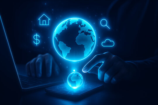 Futuristic mobile world with digital hologram of earth and interactive icons representing global communication, finance, and internet services using advanced touchscreen device