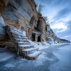 Frozen steps to a cave entrance on a winter shore