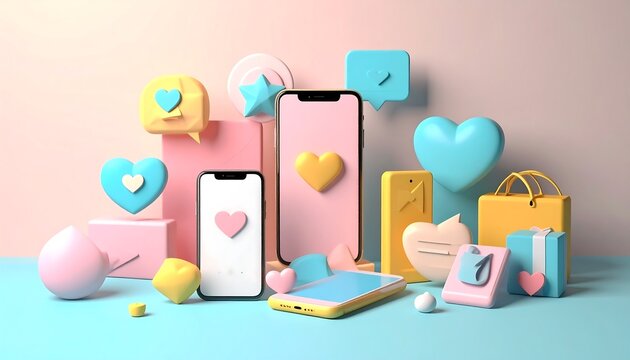 Colorful 3D phones, social media icons