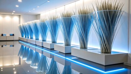 Arrangement of Plants in White Planters with Blue Lighting Accent