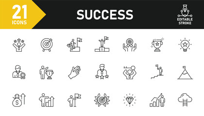Success line icon set. Set of 21 outline icons related to successful, goal, achievement, progress, career, growth, profit and others. Editable stroke. Vector illustration.
