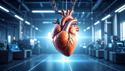 Artificial Heart Hanging in a Futuristic Medical Lab