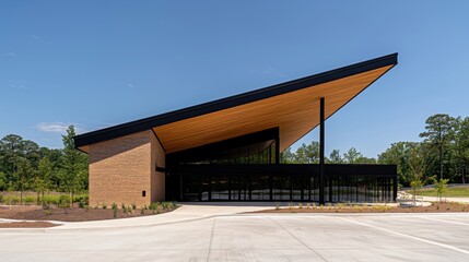 Obraz premium A modern building with a wooden roof and brick walls.