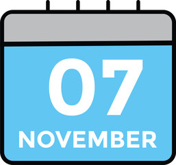 7 November, calendar date icon. 7 November Calendar Date for Deadlines or Appointment. Day, month. vector illustration.
