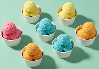 Colorful ice cream scoops in small paper cups, arranged on a mint green background
