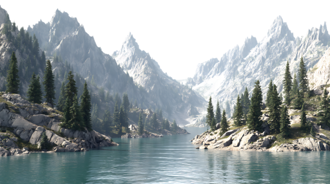 Tranquil lake winding through a mountain valley with pine trees isolated on transparent background
