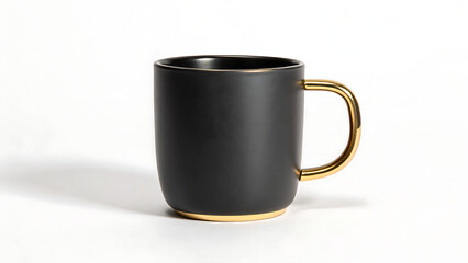 Elegant matte black ceramic coffee mug with a luxurious polished gold handle and base isolated on a clean white background
