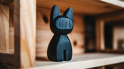 A black cat figurine with a pointed nose and pointed ears sits on a wooden shelf.