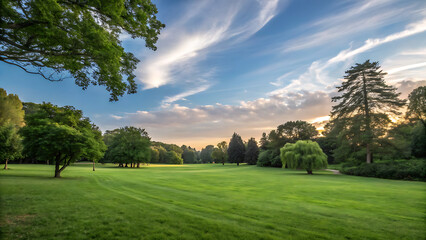 Fototapeta premium Background texture of a clean and well-maintained grass lawn with a variety of trees in the background against a beautiful sky. Vacant ground or an empty unpowered campsite in a park.