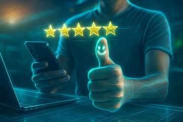 Customer feedback rating system with five stars and smiling emoji showing positive user experience on digital interface through phone and laptop interaction