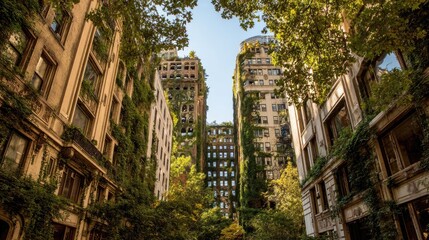 Lush greenery fills the gap between towering buildings, creating a verdant urban canyon