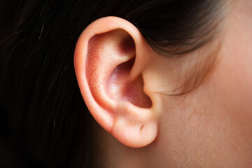 Human ear with dark hair and skin hearing auditory