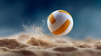 Volleyball is flying through the air on a sandy beach. The ball is orange and white, and it is surrounded by sand. The scene is dynamic and energetic, with the ball soaring through the air