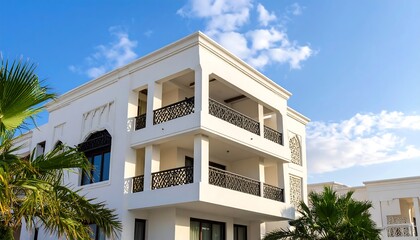 Stunning white multi-story building with intricate balcony railings under blue skies