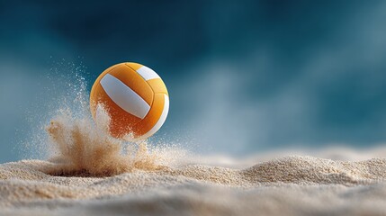 Obraz premium Volleyball is in the sand on a beach. The ball is orange and white. The sand is white and the sky is blue